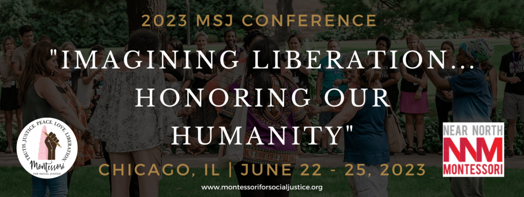 Image is a group of people in a circle with a text overlay. Text states: 2023 MSJ Conference. "Imaging Liberation...Honoring Our Humanity". Chicago, IL | June 22 - 25, 2023